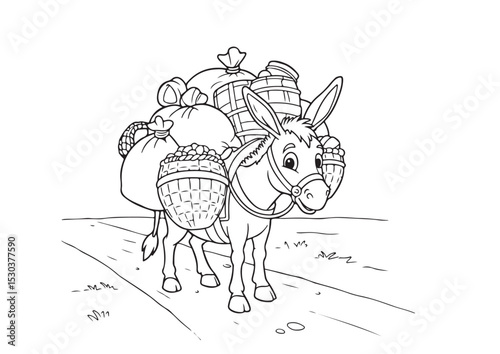 donkeys carrying goods on dirt roads, cartoon, outline, line art, for coloring page, vector illustration, isolated on transparent background