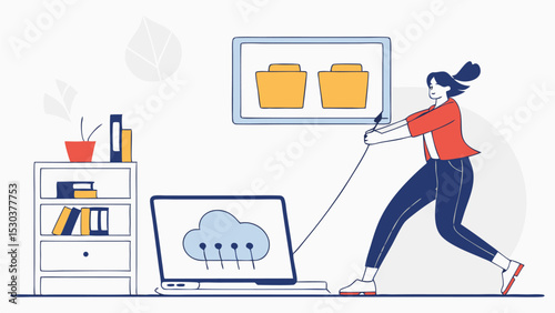 Woman pulling cable connected to laptop displaying cloud icon and screen with folders nearby cabinet