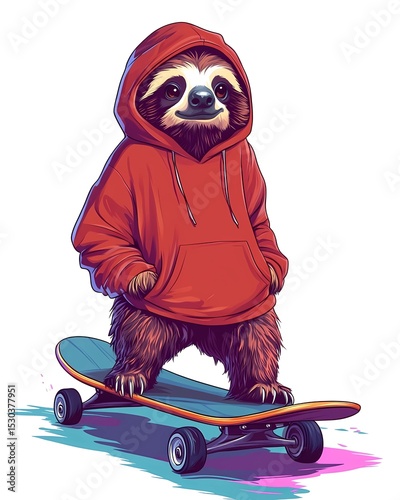 Sloth Skater in Red Hoodie
