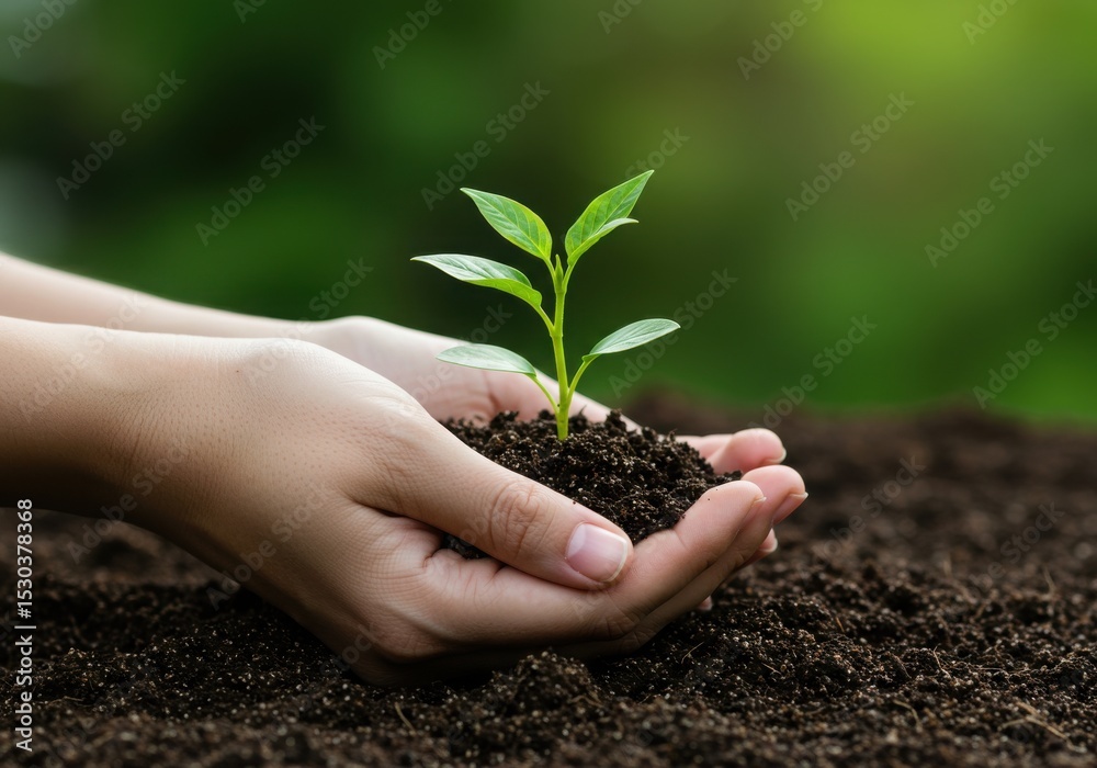 Hands holding a small plant with soil Hands holding a small plant with soil