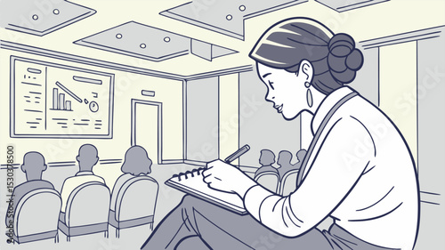 Woman taking notes during a presentation with charts and graphs while audience members are watching it
