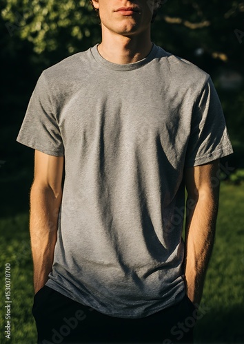 heather gray t-shirt on a man standing under sunlight, cropped above the eyes, nature background, soft shadows, casual look
