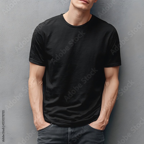 minimal black t-shirt on a faceless man, standing against a light gray wall, hands in pockets, fashion mockup, photorealistic