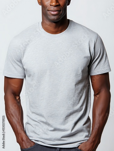 heather gray fitted t-shirt worn by a male model, head cropped above chin, centered composition, clean background, clear cloth wrinkles
