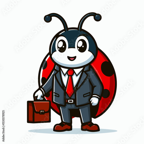 Business Bug's Day: A meticulously crafted illustration of a stylish ladybug, smartly attired in a business suit and carrying a briefcase, embodies the concept of industrious professionalism.