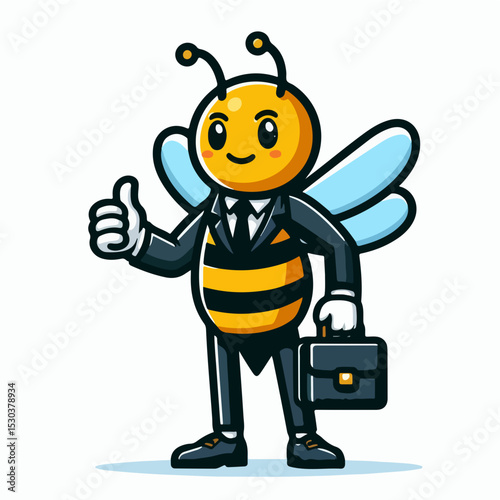 Business Bee with Briefcase: A determined, stylized business bee, ready to take on the world, extends a thumbs-up while carrying a briefcase, embodies professional achievement and determined success.