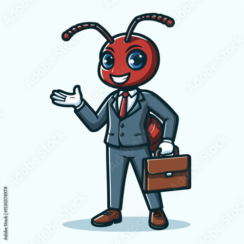 Ant Business Mascot: A friendly business ant, impeccably dressed in a suit, holding a briefcase and presenting with a welcoming gesture, symbolizes the concepts of reliability, approachability.