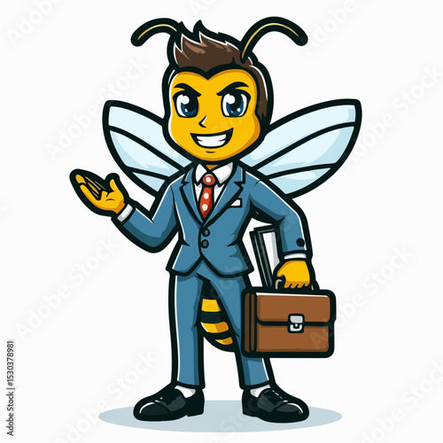 Business Bee Mascot: A friendly business bee mascot in a tailored suit, holding a briefcase, showcasing intelligence and enterprise in an eye-catching, digitally crafted illustration.