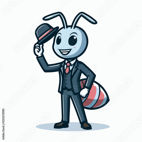 Ant in Suit: A cartoon ant, smartly dressed in a suit and bowler hat, tips his hat with a friendly smile.