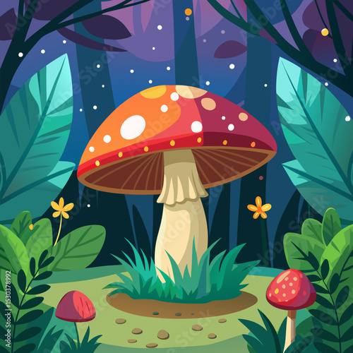 Enchanted Forest at Night. A Magical Mushroom Scene