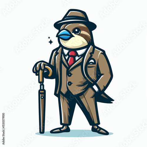 Dapper Bird with Umbrella: A cartoon illustration showcases a bird elegantly attired in a formal suit, complete with a fedora hat and an umbrella. The stylized depiction exudes charm and personality.