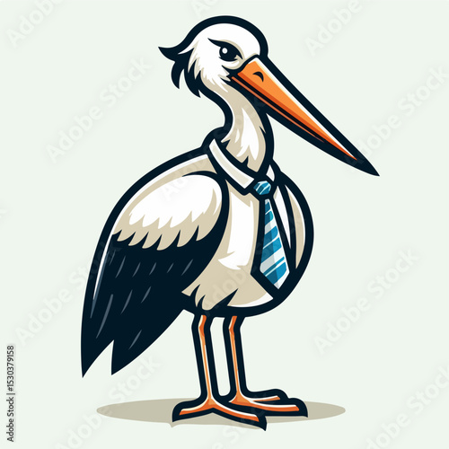 Stork in business attire: A charming illustration captures a stork, personified with a tie, embodies the concept of professional poise in a clean, crisp style.