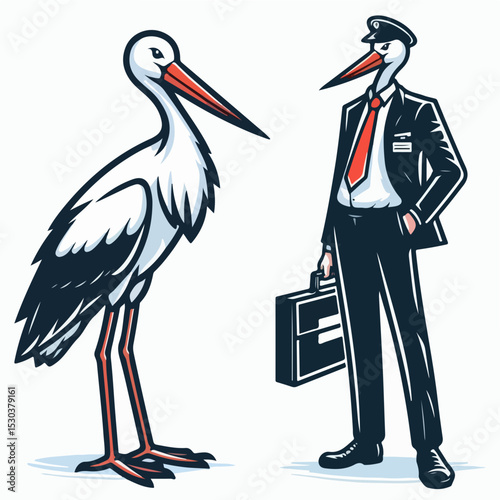 Stork in the Air: A whimsical depiction of a stork in its natural form juxtaposed with its anthropomorphic alter ego, a pilot, ready for flight with his briefcase.