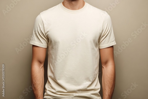 light beige t-shirt worn by a male model, clean lighting setup, centered frame, neutral warm tone background, head not visible