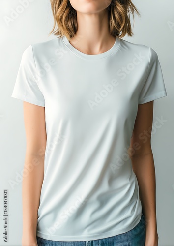 basic white crew neck t-shirt worn by a faceless woman, front view, light pastel backdrop, high-detail cloth texture, e-commerce style
