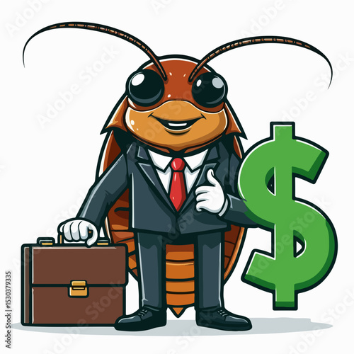 Cockroach Business: A Cockroach, dapper in a suit, stands confidently next to a dollar sign, embodying the essence of business acumen in a whimsical illustration.