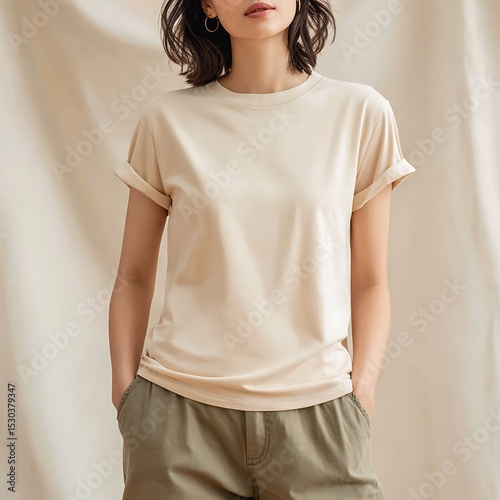 beige t-shirt with rolled sleeves worn by a female model, head not visible, standing against neutral cream backdrop, soft mood