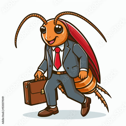 Business Bug: This playful illustration depicts a cartoon bug, impeccably dressed in a suit, carrying a briefcase with a determined stride.