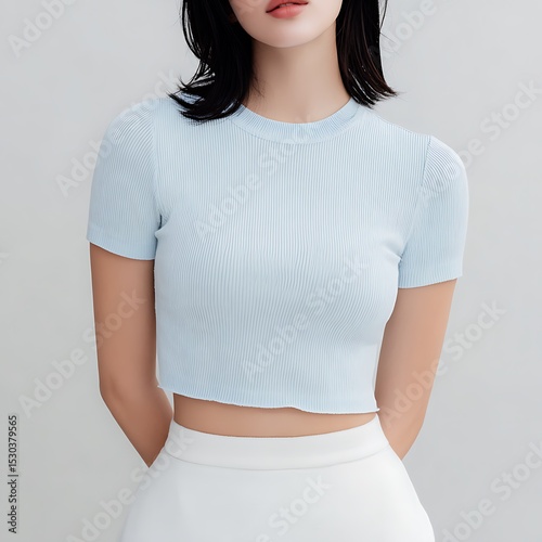 light blue ribbed crop top on a female model, head not visible, standing front view, soft gray background, cozy pastel mood