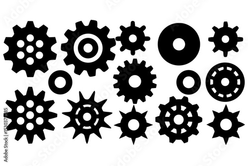 Collection of Black Cogs and Gears, Mechanical Parts, Industrial Design Elements