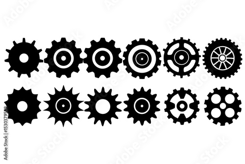 Collection of Black Cogs and Gears, Mechanical Parts, Industrial Design Elements