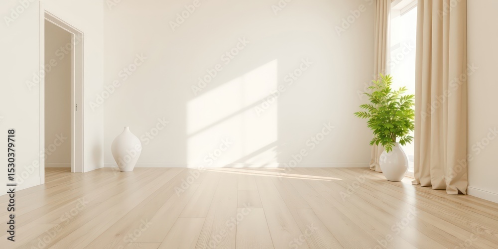 Fototapeta premium Bright, light-filled, open concept interior space with wooden floorboards and minimal decorations, ready for personalization and creative interior design