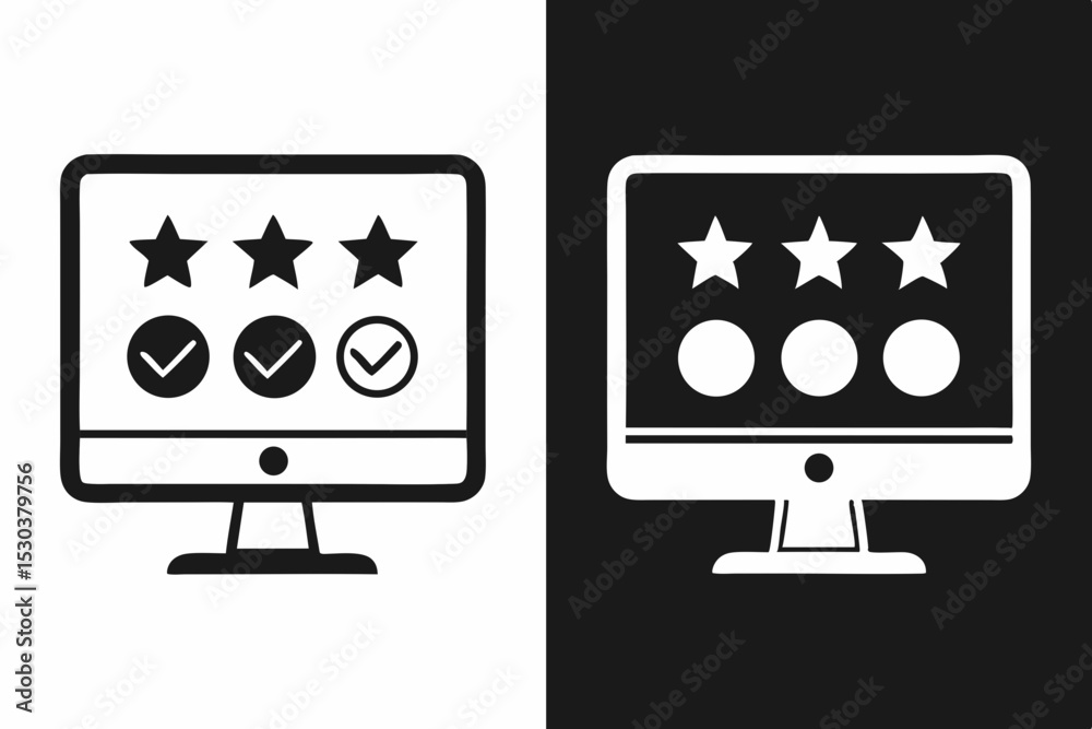 Computer Screen Displaying Three Stars and Checkmarks, Feedback Icon Computer Screen Displaying Three Stars and Checkmarks, Feedback Icon