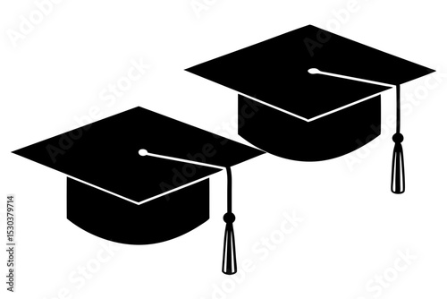 Two Graduation Caps, Black Silhouette, Education Icon