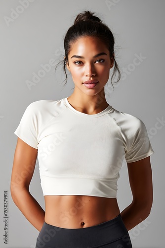 light cream compression crop t-shirt, worn by a toned female model with confident stance, cropped above nose, soft natural shadows