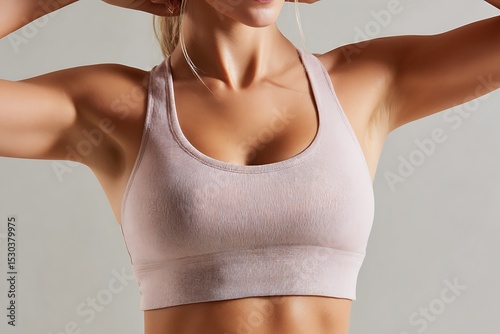 light pastel pink fitness crop top, worn by a fit female model with arms slightly raised, neutral studio lighting, head not visible