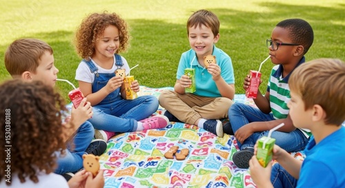 Diverse group of children enjoying picnic on a colorful blanket outdoors