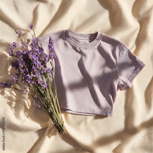 flat lay of pastel lavender crop top, neatly spread out on clean cream fabric backdrop, shadows softly cast