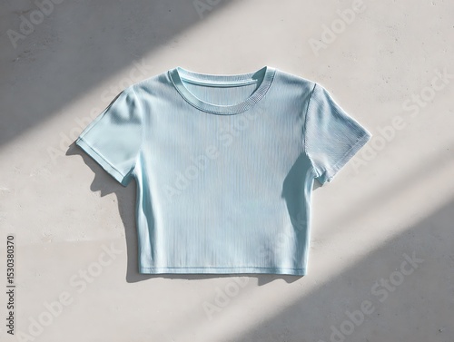top view of a pastel blue ribbed crop tee laid flat on light gray surface, clean aesthetic, no props