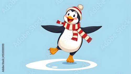 Cheerful cartoon penguin in striped scarf and cap skates gracefully, arms spread wide with a wide smile.