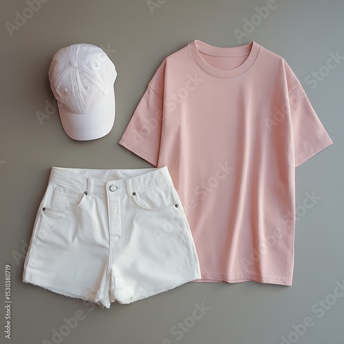 top view of pastel pink loose-fit tee, white cotton shorts, and matching hat, placed neatly on warm gray surface, stylish mood