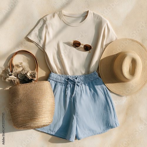 flat lay of light cream fitted tee, pastel sky blue shorts, and woven wide-brim hat on sandy beige surface, seaside style