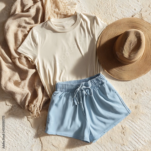 flat lay of light cream fitted tee, pastel sky blue shorts, and woven wide-brim hat on sandy beige surface, seaside style