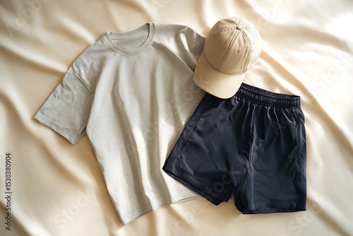 flat lay of heather gray t-shirt, navy blue shorts, and beige cap on smooth cream surface, activewear aesthetic