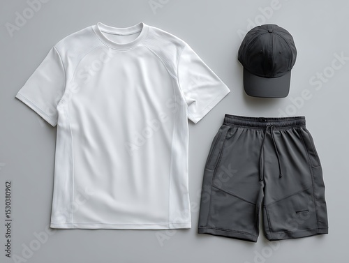 flat lay of white sporty t-shirt, gray performance shorts, and black baseball cap on light gray background, clean casual layout