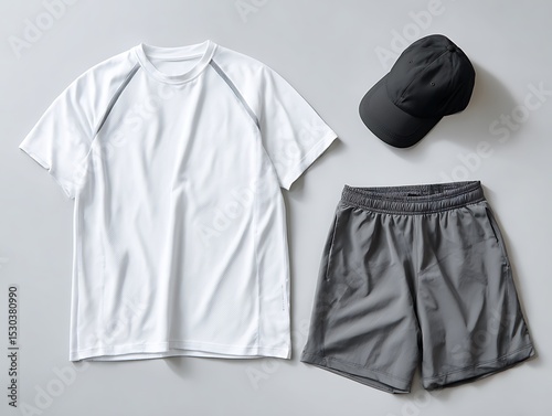 flat lay of white sporty t-shirt, gray performance shorts, and black baseball cap on light gray background, clean casual layout