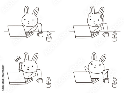 リモートワークをするウサギのイラストセット　線画