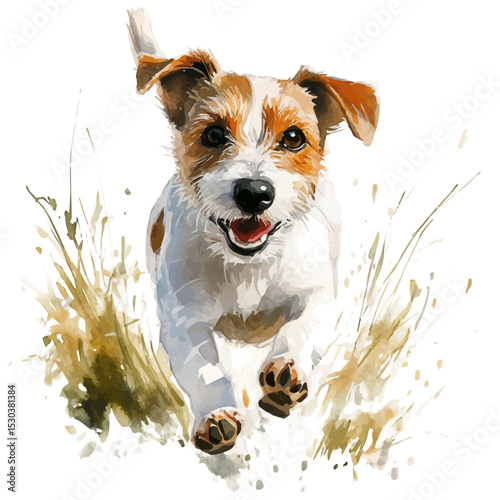 Dog Running Spring Trail, watercolor clipart vector, isolated on a white background.