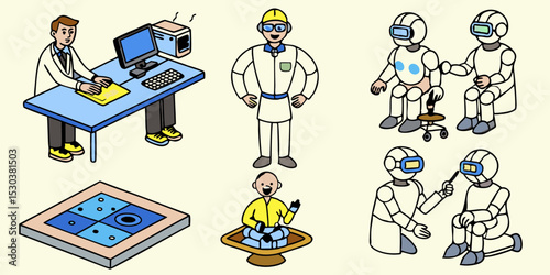 Isometric illustration of scientists and robots in a lab