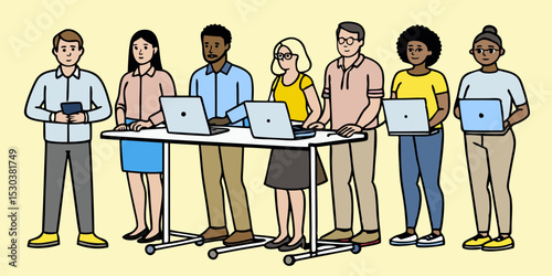 Diverse team of professionals working at standing desks