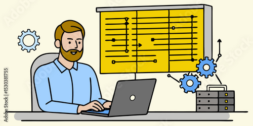 Bearded man working on laptop with flowchart