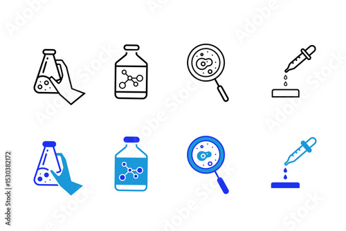 Laboratory line and solid icons set. Experiment, test tube, microscope, flask, chemical, biology, research, lab, biotech and scientific symbols. Editable vector illustration