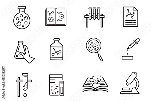 Laboratory line icons set. Experiment, test tube, microscope, flask, chemical, biology, research, lab, biotech and scientific symbols. Editable vector illustration
