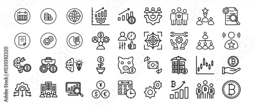 A comprehensive collection of business and finance icons representing various aspects of the industry.