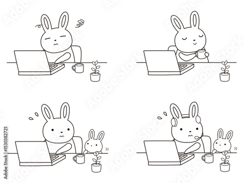 リモートワークをするウサギのイラストセット　線画