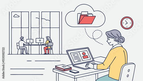 Illustration of a woman working on a laptop with cloud storage and colleagues in the background office